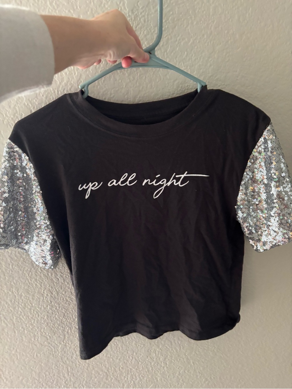Mighty Fine Black Tee with Silver Sequin Short Sleeves